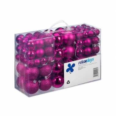 100x fuchsia roze kunststof kerstballen 3, 4 en 6 cm glitter, mat, glans