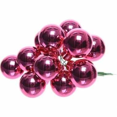10x fuchsia roze mini kerstballen kerststukje stekers 2 cm glans