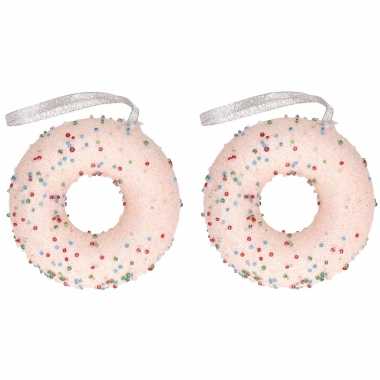 2x kerstboomhanger/kersthanger lichtroze donut met kraaltjes 10 cm