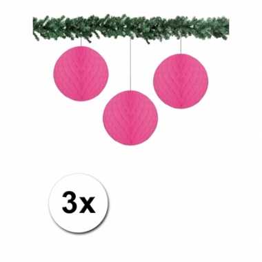3 fuchsia roze decoratie bollen van papier 10 cm