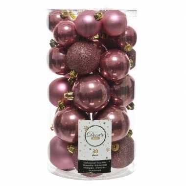 30x oud roze kerstballen 4 - 5 - 6 cm kunststof