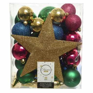 33x kunststof kerstballen goud-blauw-roze-groen inclusief piek