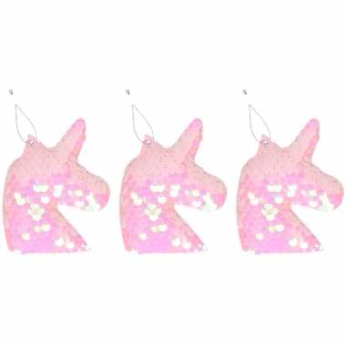 3x eenhoorn roze pailletten kerstboomhanger/kersthanger 7 cm