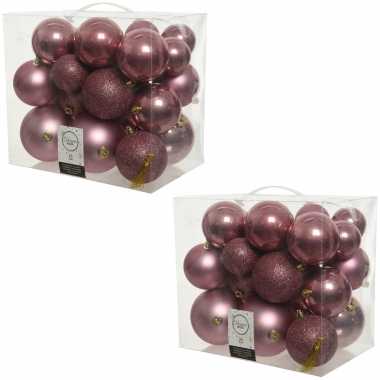 52x oud roze kerstballen 6-8-10 cm kunststof mix