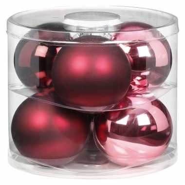6x berry kiss mix roze/rode glazen kerstballen 10 cm glans en mat