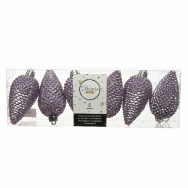 6x lila paarse dennenappels kersthangers 8 cm kunststof glitter