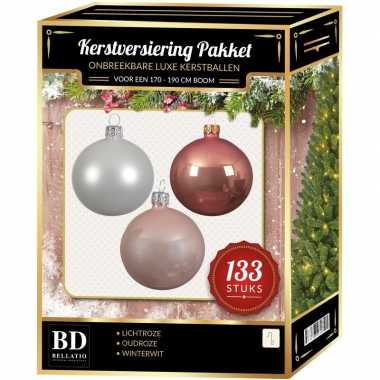 Complete kerstballen set 133x wit-lichtroze-oud roze voor 180 cm kers