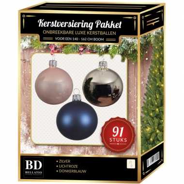 Complete kerstballen set zilver-donkerblauw-lichtroze voor 150 cm ker