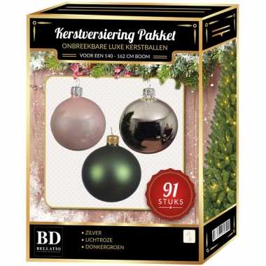 Complete kerstballen set zilver-donkergroen-lichtroze voor 150 cm ker