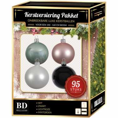 Complete versiering set wit-lichtroze-mintgroen-zwart voor 150 cm kerstboom