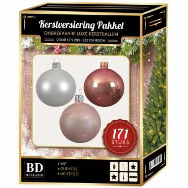 Complete versiering set wit-oud roze-lichtroze voor 210 cm kerstboom