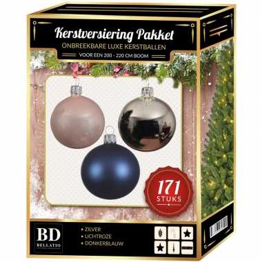 Complete versiering set zilver-lichtroze-donkerblauw voor 210 cm kers