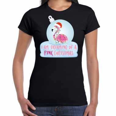 Flamingo kerstbal shirt / kerst outfit i am dreaming of a pink christmas zwart voor dames