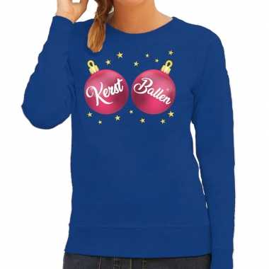 Foute kersttrui / sweater blauw met roze kerst ballen voor dames