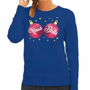 Foute kersttrui / sweater blauw met roze xmas balls voor dames