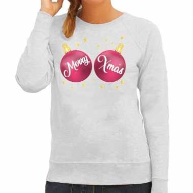 Foute kersttrui / sweater grijs met merry xmas voor dames