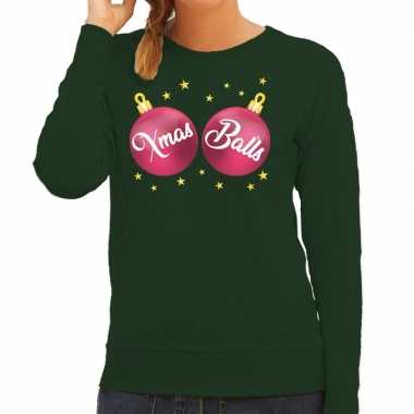 Foute kersttrui / sweater groen met roze xmas balls voor dames