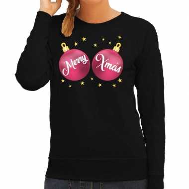 Foute kersttrui / sweater zwart met roze merry xmas dames