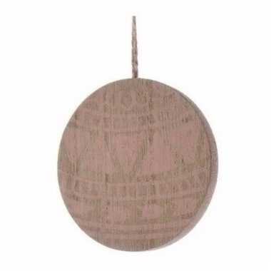 Houten kerstboom versiering schijf hout met roze printje 8 cm
