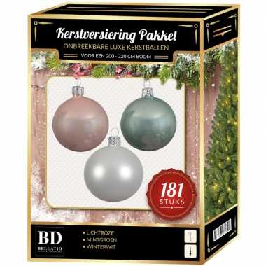 Kerstballen met piek set wit-mintgroen-lichtroze voor 210 cm kerstboo