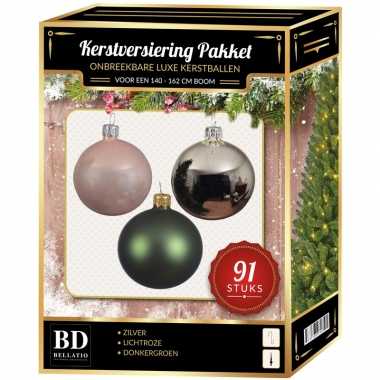 Kerstballen met piek set zilver-donkergroen-lichtroze voor 150 cm ker