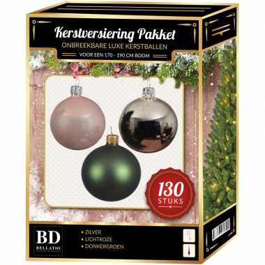 Kerstballen met piek set zilver-donkergroen-lichtroze voor 180 cm ker