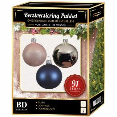 Kerstballen met piek set zilver-lichtroze-donkerblauw voor 150 cm ker