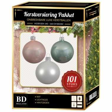 Luxe complete versiering set wit-lichtroze-mintgroen voor 150 cm kers