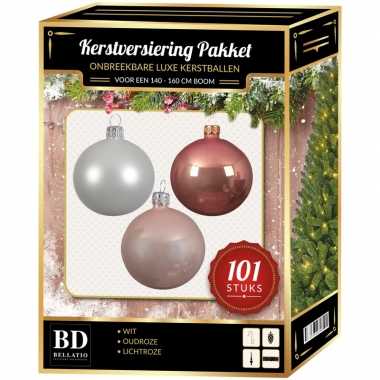 Luxe complete versiering set wit-oud roze-lichtroze voor 150 cm kerstboom