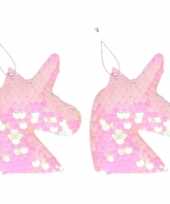 2x eenhoorn roze pailletten kerstboomhanger kersthanger 7 cm