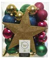 33x kunststof kerstballen goud blauw roze groen inclusief piek