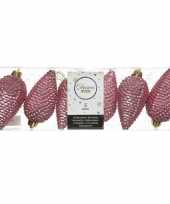 6x oud roze dennenappels kersthangers 8 cm kunststof glitter