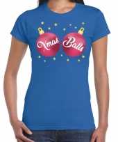 Fout kerst t-shirt blauw met roze xmas balls voor dames